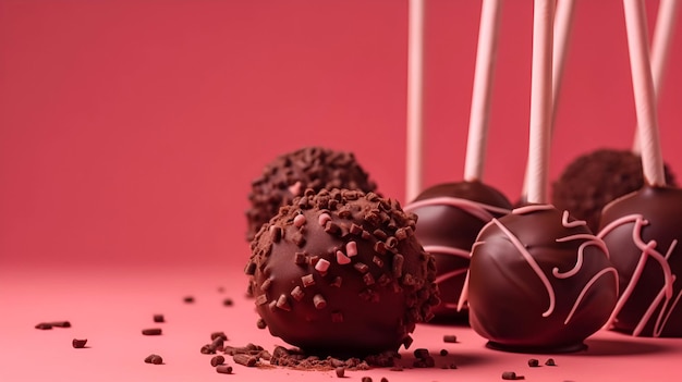 A red background with chocolate cake pops and coffee beans on the table.