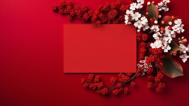 A red background with Christmas flowers and pine trees surrounding a blank card Generative AI