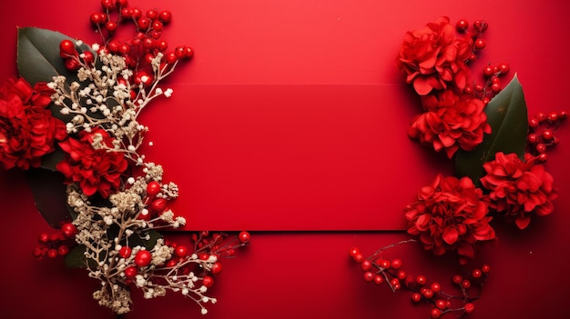 A red background with Christmas flowers and pine trees surrounding a blank card Generative AI