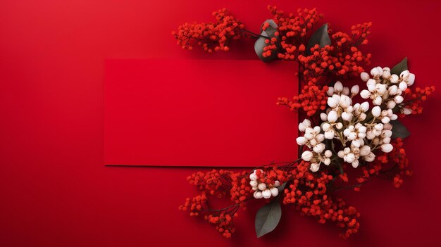 A red background with Christmas flowers and pine trees surrounding a blank card Generative AI