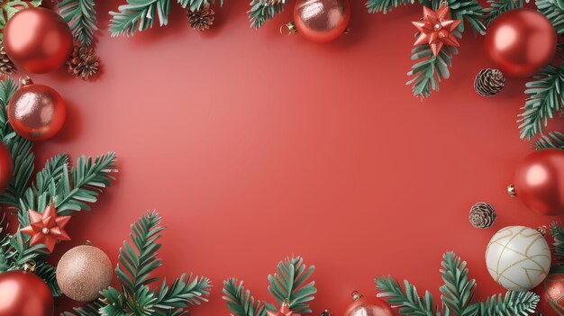 Red background with Christmas ornaments and green spruce twigs Blank frame festive banner
