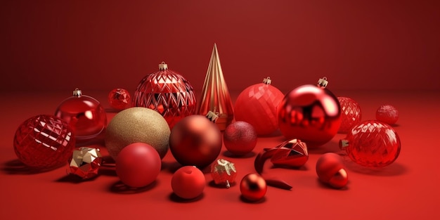 A red background with christmas ornaments and a tree.