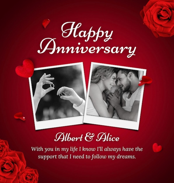 a red background with a couple and a love with hearts and text that says happy anniversary