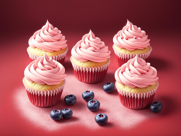 A red background with cupcakes with pink frosting and blueberries.