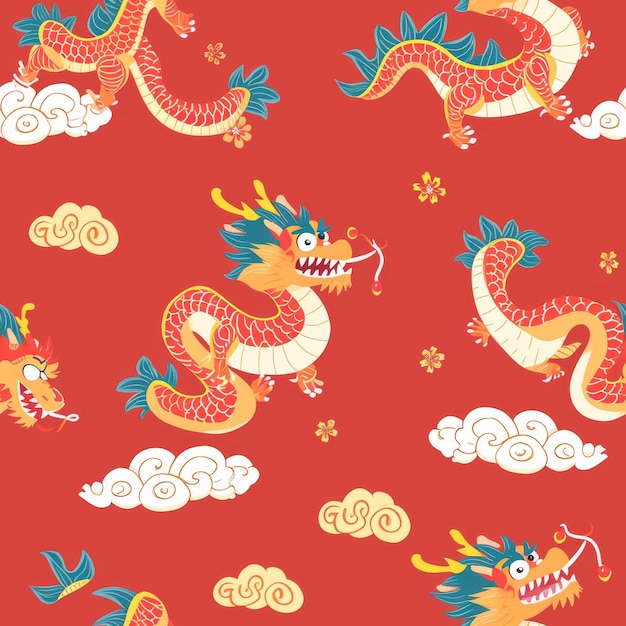 Red background with a dragon and clouds