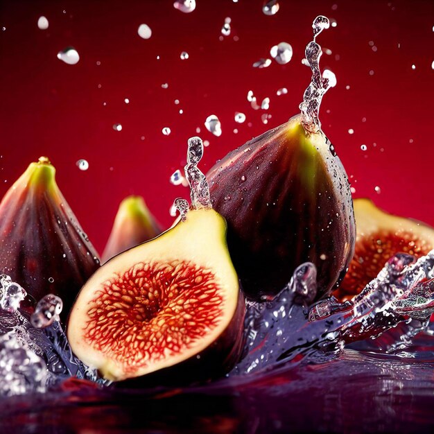 A red background with figs and water drops.