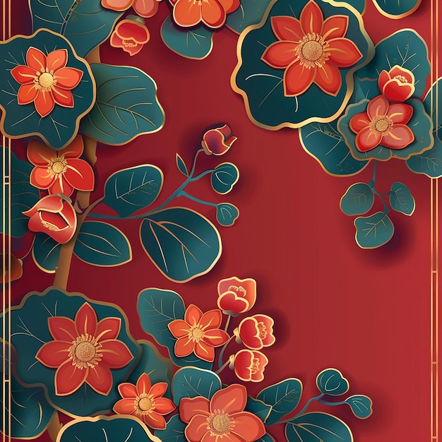 a red background with flowers and leaves that say  flowers