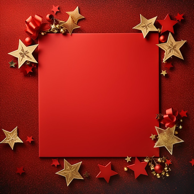 Photo red background with a frame and christmas decorations