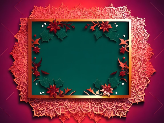 A red background with a frame made of lace and holly leaves.