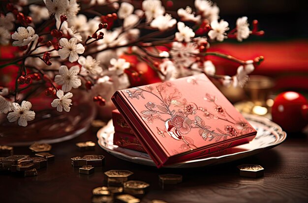 Красный фон с подарочной коробкой и цветами китайские элементы