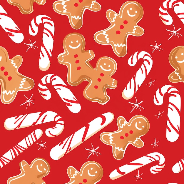 a red background with a gingerbread man and gingerbread cookies