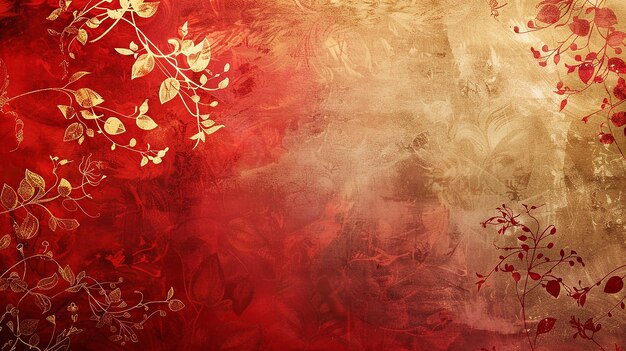 Photo red background with gold flowers