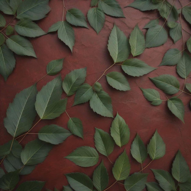 Foto uno sfondo rosso con foglie verdi e uno sfondo rosso.