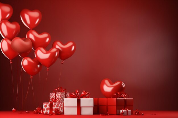 Photo red background with heartsballoons and gift packages with copy space