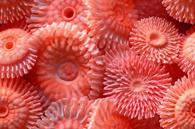 A red background with a lot of different colored corals.