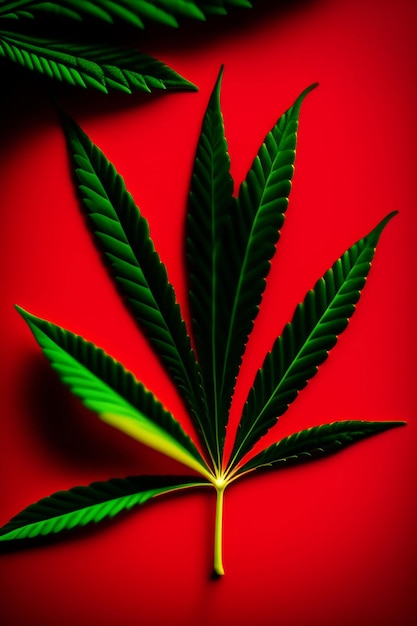 A red background with a marijuana leaf on it