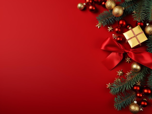 A red background with ornaments and a gift