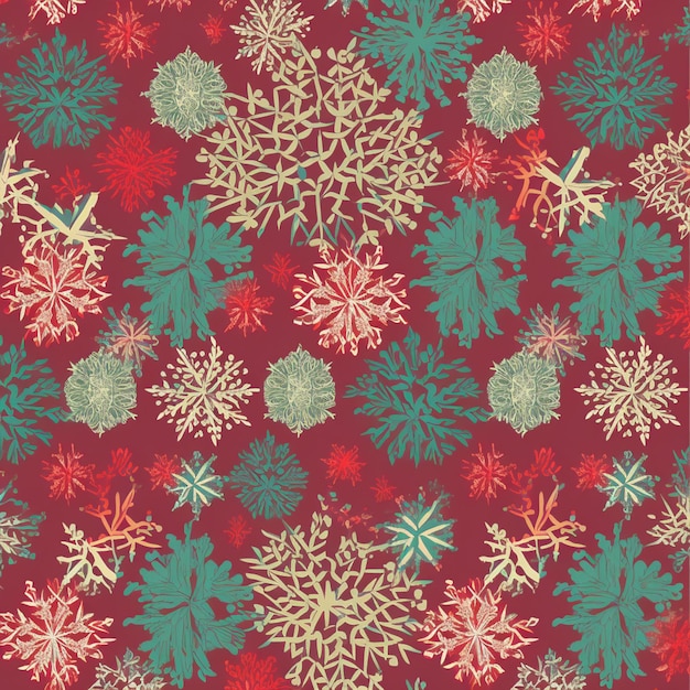 A red background with a pattern of snowflakes and leaves.