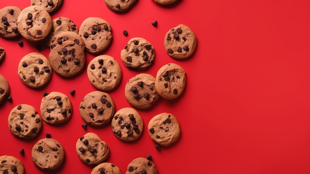 A red background with a pile of chocolate chip cookies.