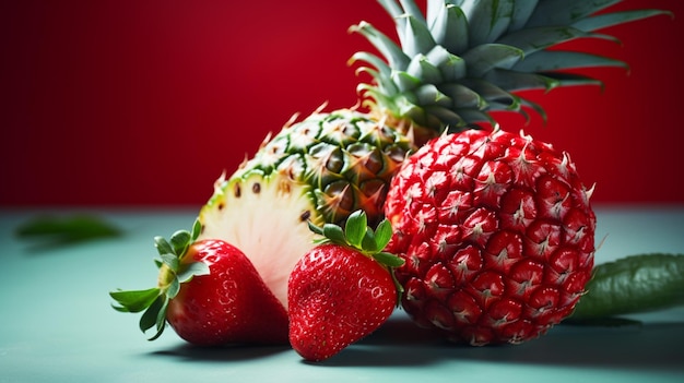A red background with pineapples and strawberries