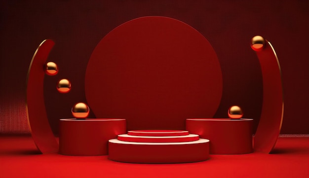 A red background with a podium and a red circle with gold balls.