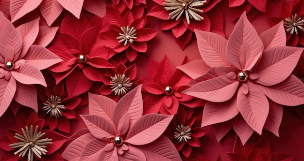 a red background with poinsettias are placed on it