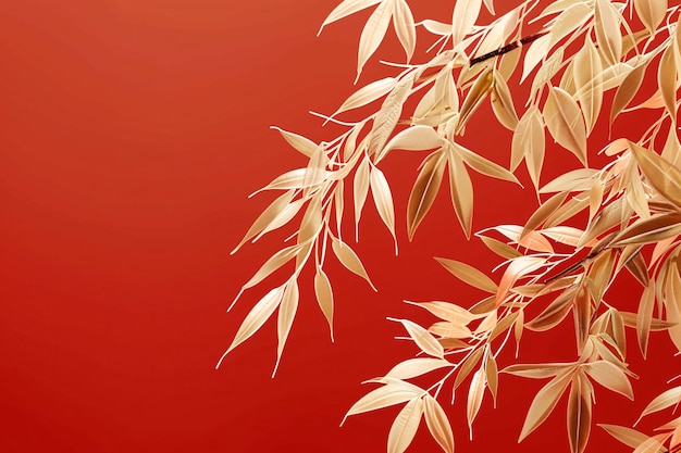 a red background with a red background and a red plant with long leavesGolden leaves illustration o