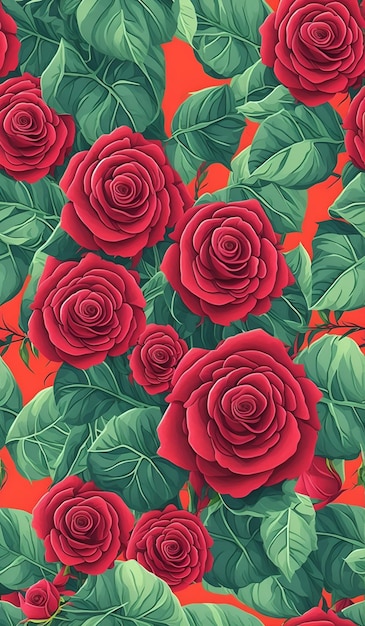 A red background with a red roses and leaves.