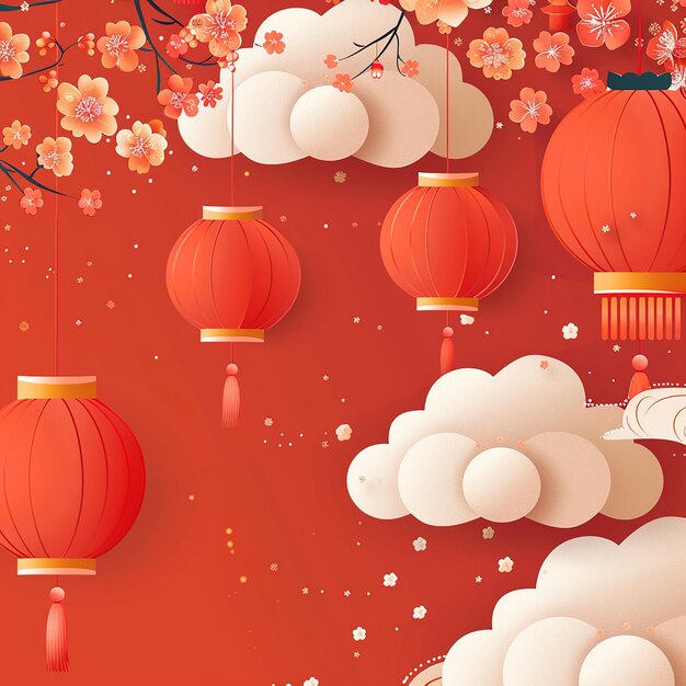 a red background with red and white lanterns and clouds