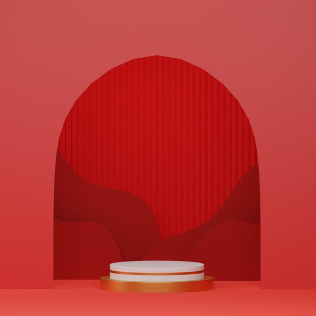 A red background with a round podium in the middle of it.