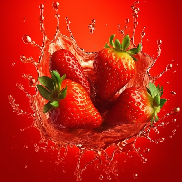 A red background with strawberries in a water splash