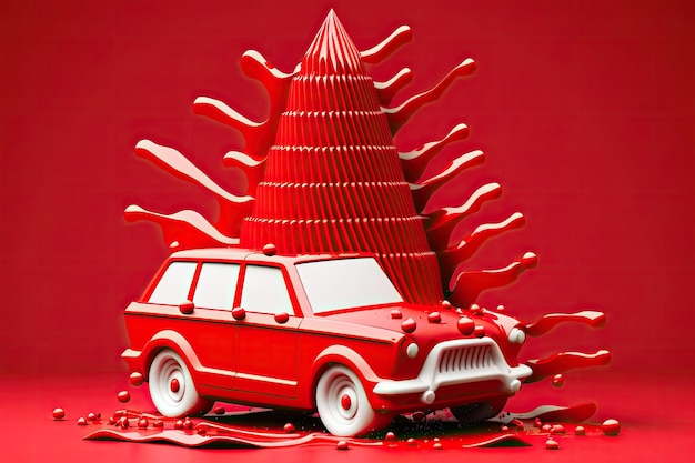 Red background with a toy vehicle smashed into it looks like a Christmas tree