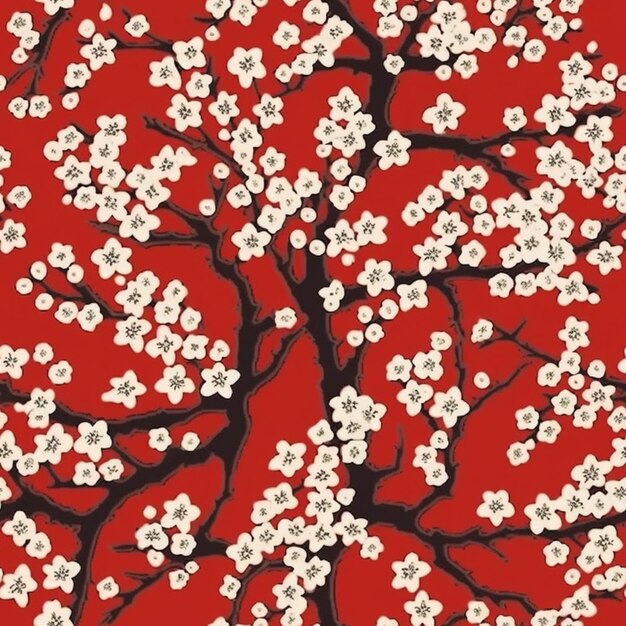 Photo a red background with a tree and white flowers generative ai