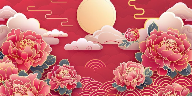 Red background with white clouds and a golden sun and it shows pink peonies