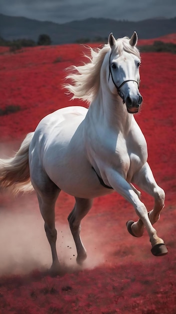 A red background with a white horse on it