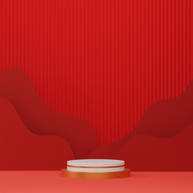 A red background with a white round podium in front of a red wall.