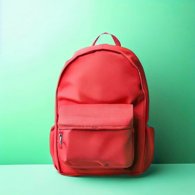 Red backpack School bag on green background