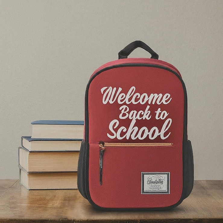 Photo a red backpack with the words welcome back to school