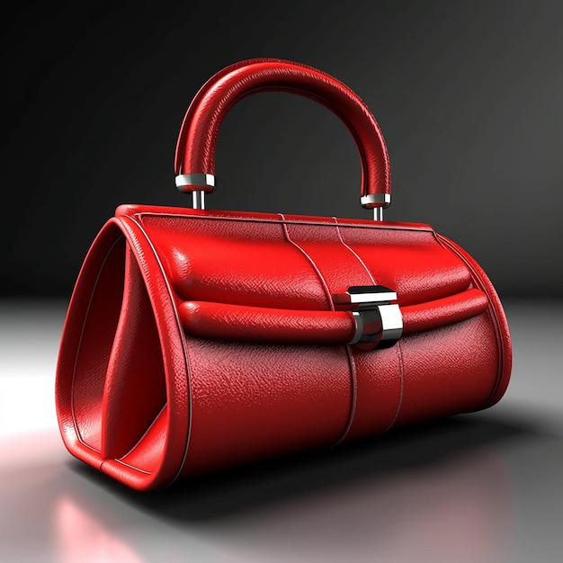 A red bag with silver hardware is displayed on a gray background.