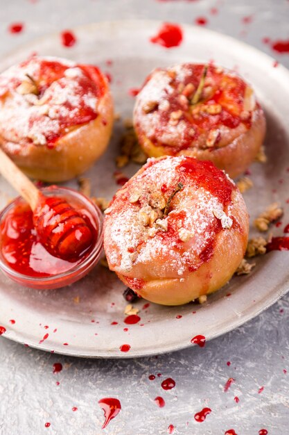 Red Baked Apples Stuffed Cottage Cheese And Granola with Jam. Healthy Diet Food.