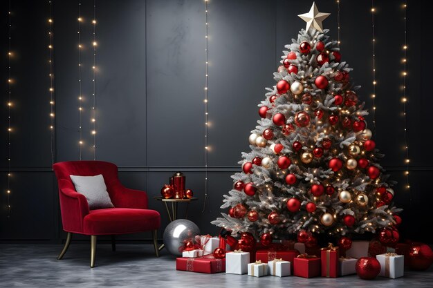Красный шар на рождественском фоне с новогодней елкой