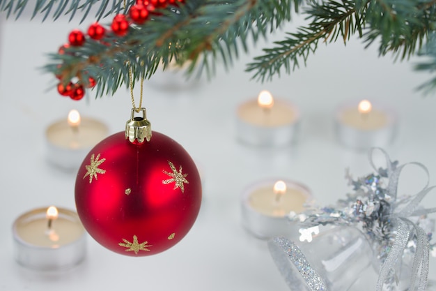 Red ball and christmas lights