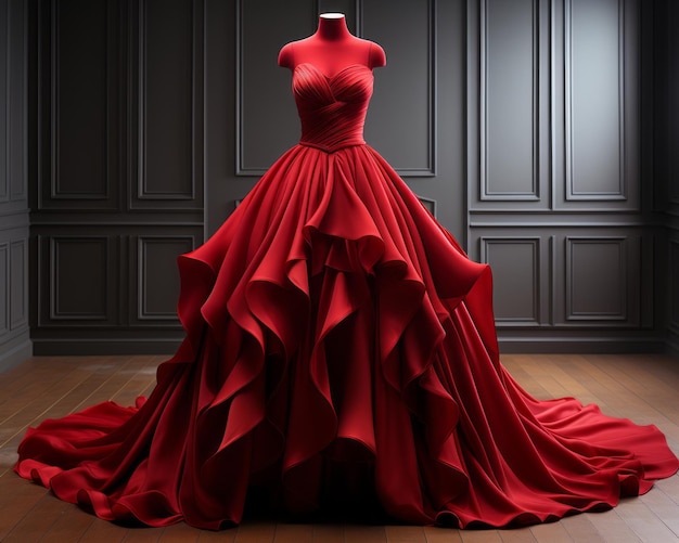 a red ball gown on a mannequin in a dark room