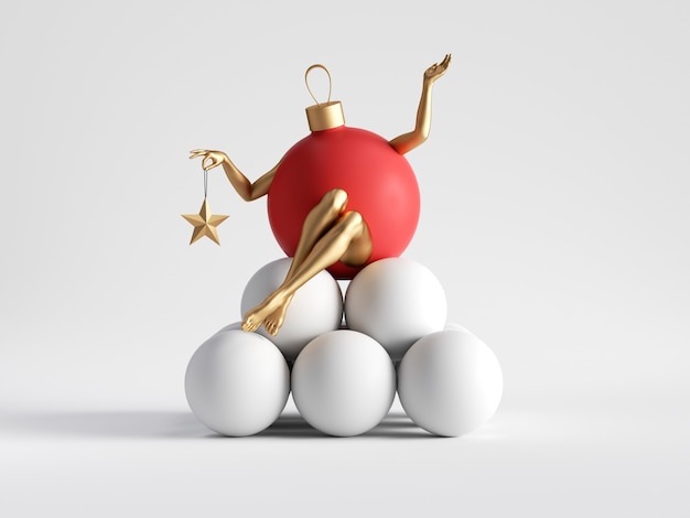 Red ball ornament Christmas cartoon character with golden mannequin legs sits on pile