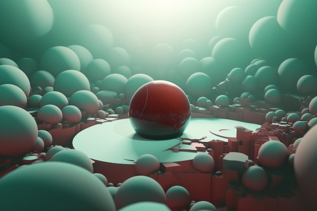 A red ball sits on a green background with many small spheres around it