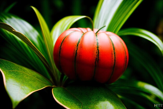 A Red Ball Sitting On Top Of A Green Leafy Plant