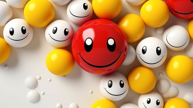 a red ball surrounded by yellow and white smiley faces