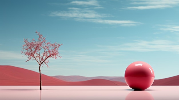 Photo a red ball and a tree in the desert