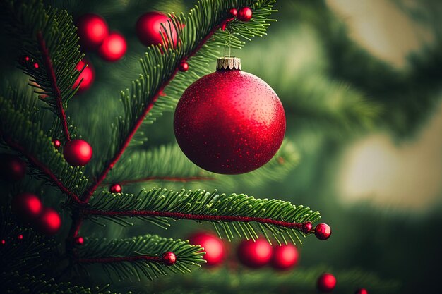 Red ball on a twig of an indoor Christmas tree