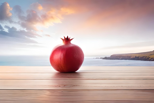 A red ball on a wooden deck with a sunset in the background